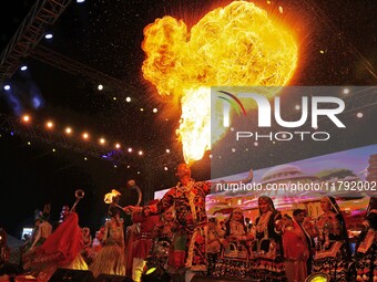 Folk artists perform during the celebration of the 297th foundation day of 'Pink City' at Albert Hall Museum in Jaipur, Rajasthan, India, on...