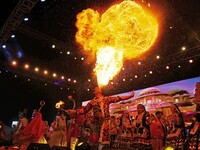 Folk artists perform during the celebration of the 297th foundation day of 'Pink City' at Albert Hall Museum in Jaipur, Rajasthan, India, on...