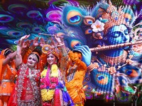 Folk artists perform during the celebration of the 297th foundation day of 'Pink City' at Albert Hall Museum in Jaipur, Rajasthan, India, on...