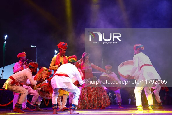 Folk artists perform during the celebration of the 297th foundation day of 'Pink City' at Albert Hall Museum in Jaipur, Rajasthan, India, on...