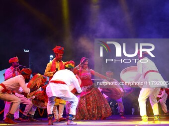 Folk artists perform during the celebration of the 297th foundation day of 'Pink City' at Albert Hall Museum in Jaipur, Rajasthan, India, on...