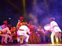 Folk artists perform during the celebration of the 297th foundation day of 'Pink City' at Albert Hall Museum in Jaipur, Rajasthan, India, on...