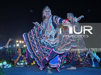 Renowned Kalbelia dancer Gulabo Sapera and artists perform during the celebration of the 297th foundation day of 'Pink City' at Albert Hall...