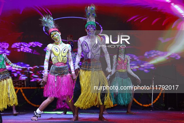 Sahariya tribal artists perform during the celebration of the 297th foundation day of 'Pink City' at Albert Hall Museum in Jaipur, Rajasthan...