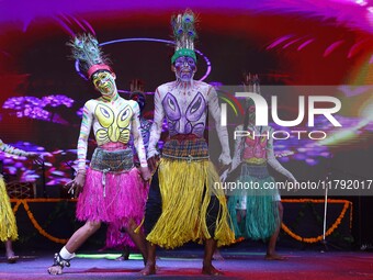 Sahariya tribal artists perform during the celebration of the 297th foundation day of 'Pink City' at Albert Hall Museum in Jaipur, Rajasthan...