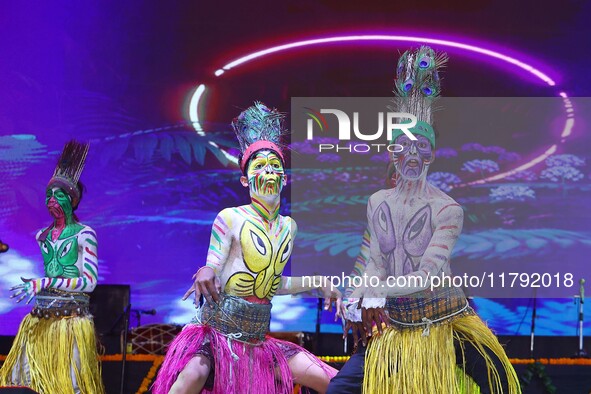 Sahariya tribal artists perform during the celebration of the 297th foundation day of 'Pink City' at Albert Hall Museum in Jaipur, Rajasthan...