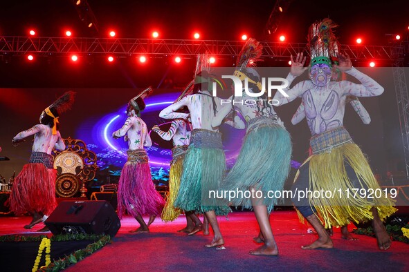 Sahariya tribal artists perform during the celebration of the 297th foundation day of 'Pink City' at Albert Hall Museum in Jaipur, Rajasthan...