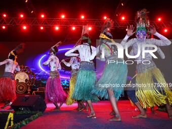 Sahariya tribal artists perform during the celebration of the 297th foundation day of 'Pink City' at Albert Hall Museum in Jaipur, Rajasthan...