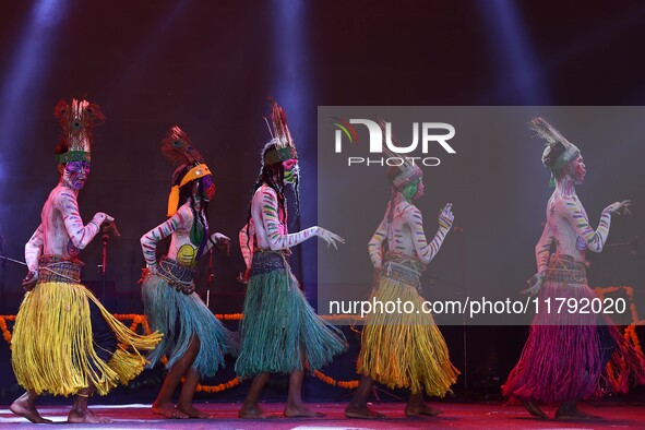 Sahariya tribal artists perform during the celebration of the 297th foundation day of 'Pink City' at Albert Hall Museum in Jaipur, Rajasthan...