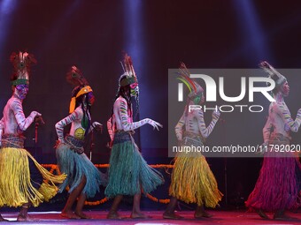 Sahariya tribal artists perform during the celebration of the 297th foundation day of 'Pink City' at Albert Hall Museum in Jaipur, Rajasthan...