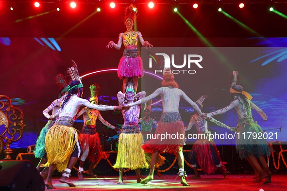 Sahariya tribal artists perform during the celebration of the 297th foundation day of 'Pink City' at Albert Hall Museum in Jaipur, Rajasthan...