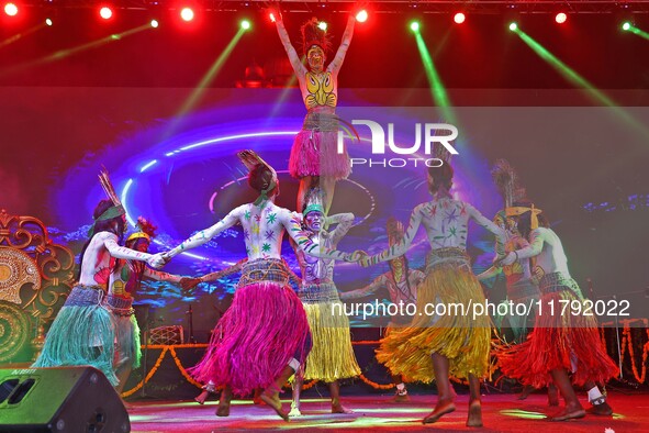 Sahariya tribal artists perform during the celebration of the 297th foundation day of 'Pink City' at Albert Hall Museum in Jaipur, Rajasthan...