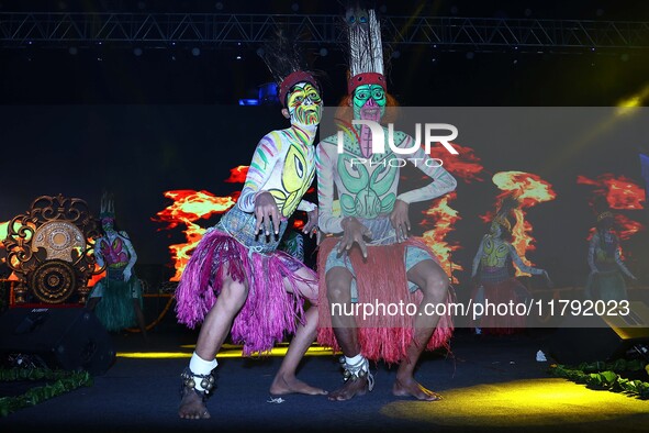 Sahariya tribal artists perform during the celebration of the 297th foundation day of 'Pink City' at Albert Hall Museum in Jaipur, Rajasthan...