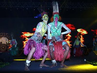 Sahariya tribal artists perform during the celebration of the 297th foundation day of 'Pink City' at Albert Hall Museum in Jaipur, Rajasthan...