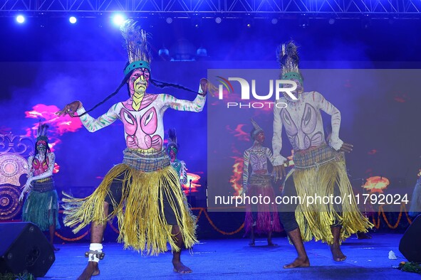 Sahariya tribal artists perform during the celebration of the 297th foundation day of 'Pink City' at Albert Hall Museum in Jaipur, Rajasthan...