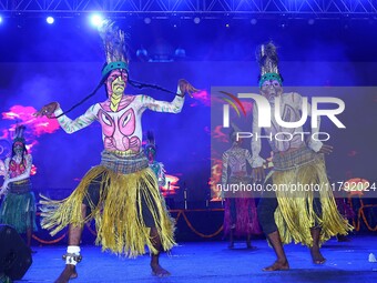 Sahariya tribal artists perform during the celebration of the 297th foundation day of 'Pink City' at Albert Hall Museum in Jaipur, Rajasthan...