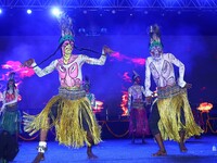 Sahariya tribal artists perform during the celebration of the 297th foundation day of 'Pink City' at Albert Hall Museum in Jaipur, Rajasthan...