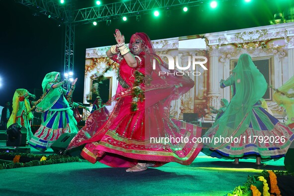 Folk artists perform during the celebration of the 297th foundation day of 'Pink City' at Albert Hall Museum in Jaipur, Rajasthan, India, on...