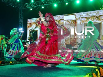 Folk artists perform during the celebration of the 297th foundation day of 'Pink City' at Albert Hall Museum in Jaipur, Rajasthan, India, on...