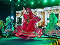 Folk artists perform during the celebration of the 297th foundation day of 'Pink City' at Albert Hall Museum in Jaipur, Rajasthan, India, on...