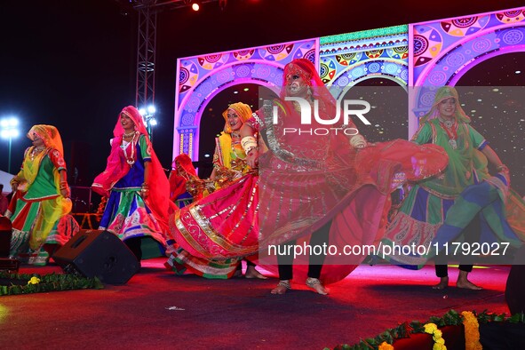 Folk artists perform during the celebration of the 297th foundation day of 'Pink City' at Albert Hall Museum in Jaipur, Rajasthan, India, on...