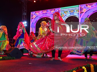 Folk artists perform during the celebration of the 297th foundation day of 'Pink City' at Albert Hall Museum in Jaipur, Rajasthan, India, on...