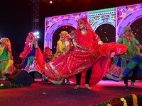 Folk artists perform during the celebration of the 297th foundation day of 'Pink City' at Albert Hall Museum in Jaipur, Rajasthan, India, on...