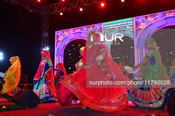 Folk artists perform during the celebration of the 297th foundation day of 'Pink City' at Albert Hall Museum in Jaipur, Rajasthan, India, on...