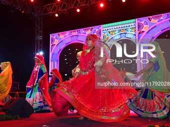 Folk artists perform during the celebration of the 297th foundation day of 'Pink City' at Albert Hall Museum in Jaipur, Rajasthan, India, on...