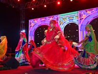 Folk artists perform during the celebration of the 297th foundation day of 'Pink City' at Albert Hall Museum in Jaipur, Rajasthan, India, on...