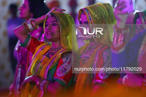 Folk artists perform during the celebration of the 297th foundation day of 'Pink City' at Albert Hall Museum in Jaipur, Rajasthan, India, on...