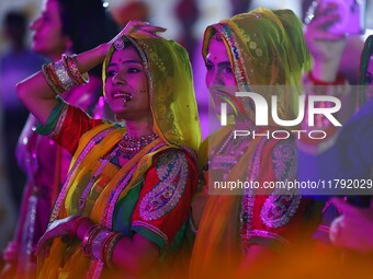 Folk artists perform during the celebration of the 297th foundation day of 'Pink City' at Albert Hall Museum in Jaipur, Rajasthan, India, on...