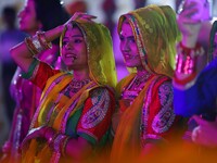 Folk artists perform during the celebration of the 297th foundation day of 'Pink City' at Albert Hall Museum in Jaipur, Rajasthan, India, on...