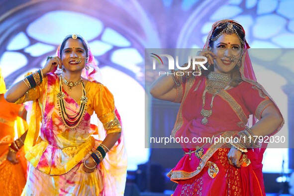 Folk artists perform during the celebration of the 297th foundation day of 'Pink City' at Albert Hall Museum in Jaipur, Rajasthan, India, on...