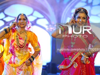 Folk artists perform during the celebration of the 297th foundation day of 'Pink City' at Albert Hall Museum in Jaipur, Rajasthan, India, on...