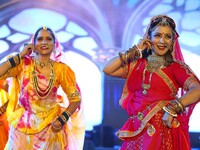 Folk artists perform during the celebration of the 297th foundation day of 'Pink City' at Albert Hall Museum in Jaipur, Rajasthan, India, on...