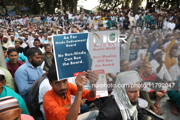 Activists of The All India Youth Federation (AIYF) take part in a protest meeting in Kolkata, India, on November 19, 2024, demanding the wit...