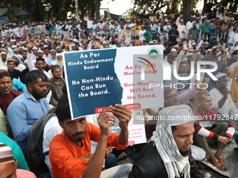 Activists of The All India Youth Federation (AIYF) take part in a protest meeting in Kolkata, India, on November 19, 2024, demanding the wit...