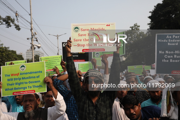 Activists of The All India Youth Federation (AIYF) take part in a protest meeting in Kolkata, India, on November 19, 2024, demanding the wit...