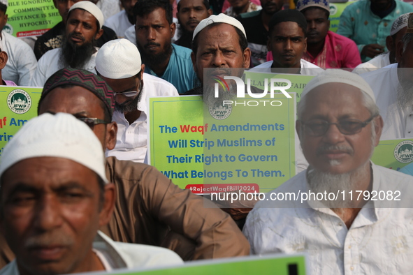 Activists of The All India Youth Federation (AIYF) take part in a protest meeting in Kolkata, India, on November 19, 2024, demanding the wit...