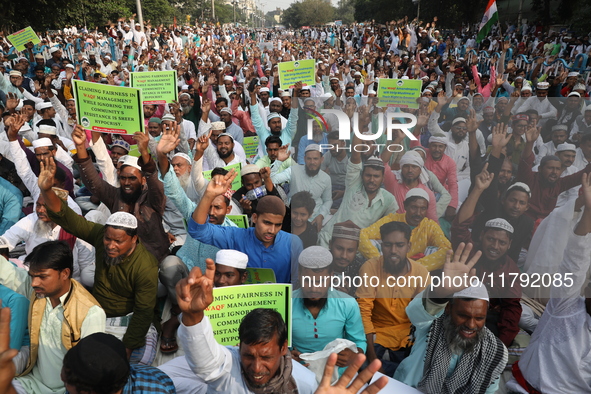 Activists of The All India Youth Federation (AIYF) take part in a protest meeting in Kolkata, India, on November 19, 2024, demanding the wit...