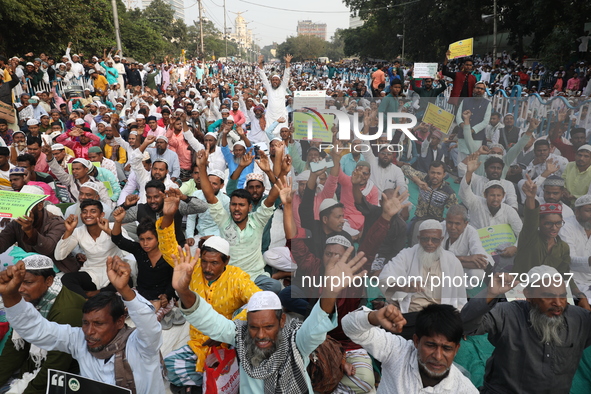 Activists of The All India Youth Federation (AIYF) take part in a protest meeting in Kolkata, India, on November 19, 2024, demanding the wit...