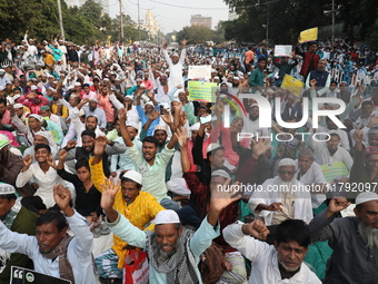 Activists of The All India Youth Federation (AIYF) take part in a protest meeting in Kolkata, India, on November 19, 2024, demanding the wit...