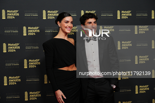 Marc Marquez of Spain and Gresini Racing Moto GP Ducati with his girlfriend Gemma Pinto on the red carpet before the MotoGP Awards after the...