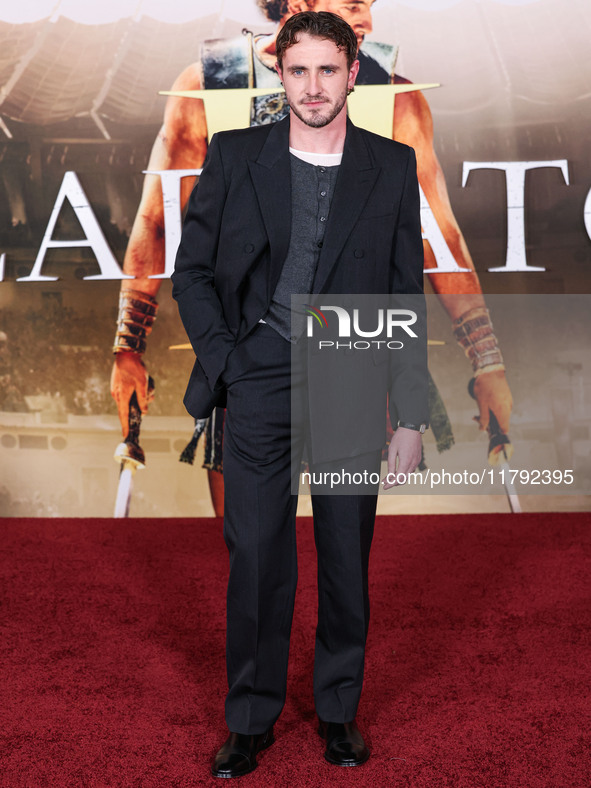 Paul Mescal wearing Gucci arrives at the Los Angeles Premiere Of Paramount Pictures' 'Gladiator II' held at the TCL Chinese Theatre IMAX on...