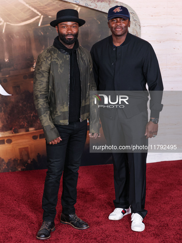 David Oyelowo and Derek Luke arrive at the Los Angeles Premiere Of Paramount Pictures' 'Gladiator II' held at the TCL Chinese Theatre IMAX o...