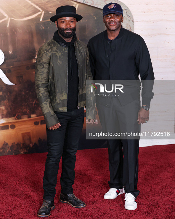 David Oyelowo and Derek Luke arrive at the Los Angeles Premiere Of Paramount Pictures' 'Gladiator II' held at the TCL Chinese Theatre IMAX o...