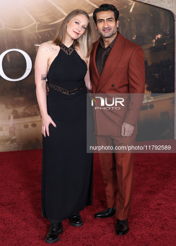 Emily V. Gordon and husband Kumail Ali Nanjiani arrive at the Los Angeles Premiere Of Paramount Pictures' 'Gladiator II' held at the TCL Chi...