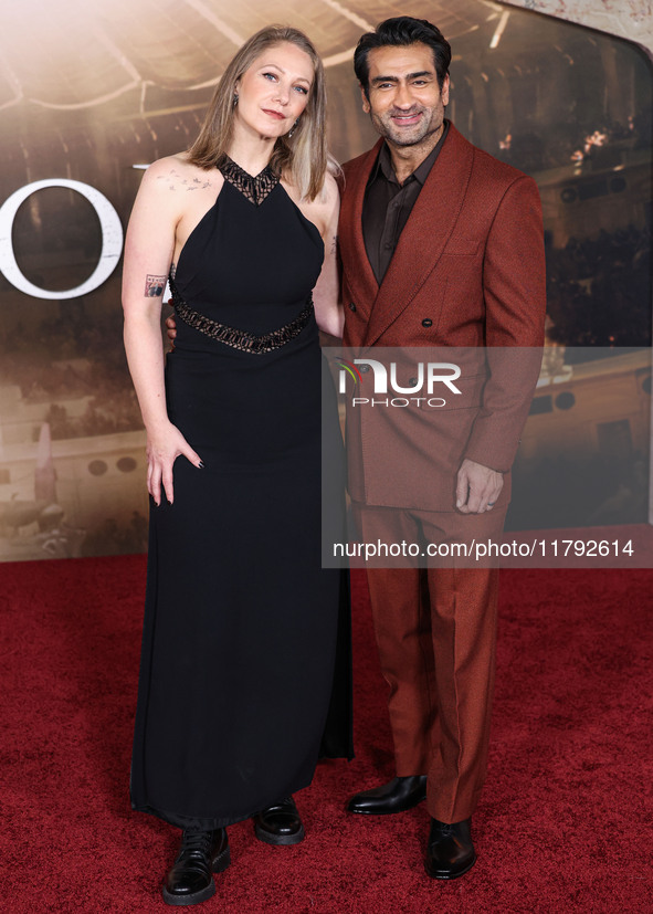 Emily V. Gordon and husband Kumail Ali Nanjiani arrive at the Los Angeles Premiere Of Paramount Pictures' 'Gladiator II' held at the TCL Chi...