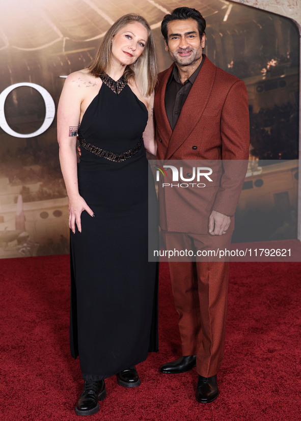 Emily V. Gordon and husband Kumail Ali Nanjiani arrive at the Los Angeles Premiere Of Paramount Pictures' 'Gladiator II' held at the TCL Chi...